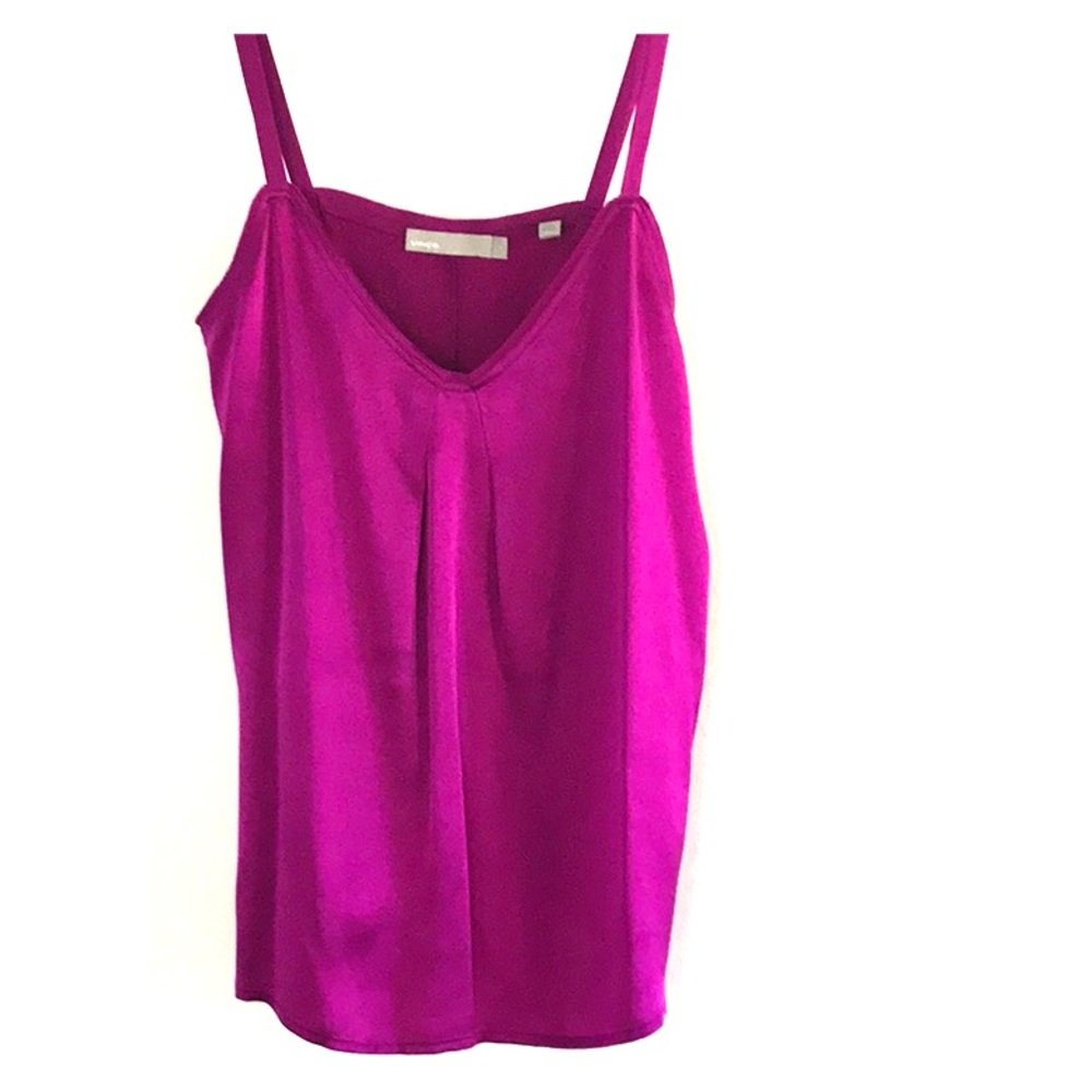 Vince Pleated V-neck Silk Camisole Top in Magenta